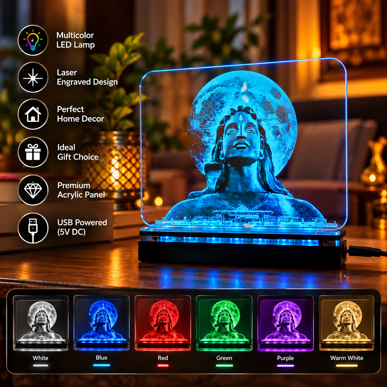 Adiyogi Shiva Multicolor Acrylic LED Lamp - Image 2